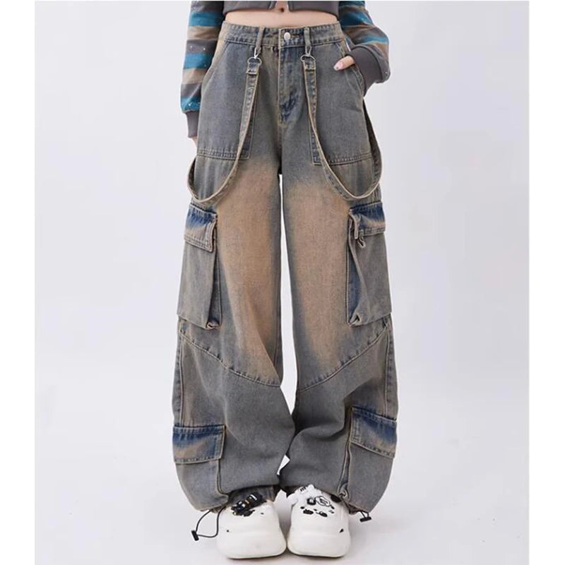 Women Blue Oversize Cargo Jeans Harajuku Vintage Baggy Y2k Denim Trouser 90s Aesthetic Wide Jean Pants 2000s Trashy Clothes 2024