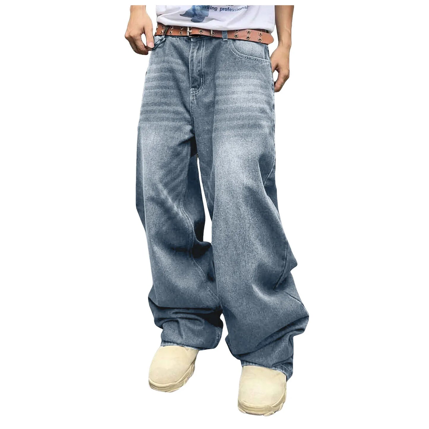 Men'S Baggy Hip Hop Jeans Wide Leg Skater Denim Pants Casual Loose Fit Long Trousers