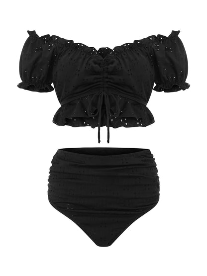 Maternity Tankini Swimsuit High Waisted 2 Pieces Bikini Set Solid Color Off Shoulder
