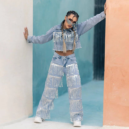 Sparkling Fringes Embellished Wide Leg Jeans Women Trendy Silver Tassel Denim Pants