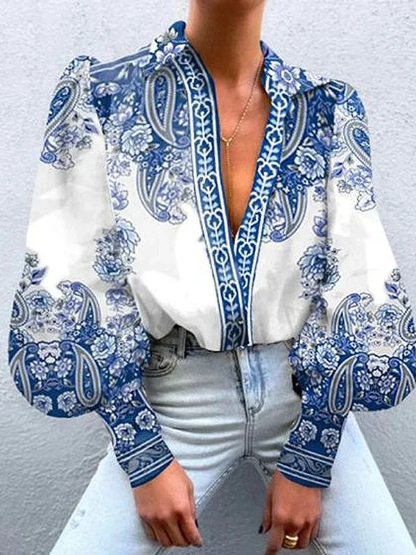 Blue Floral Printed Lapel Shirts For Women Long Puff Sleeves Urban Casual Elegant Blouse