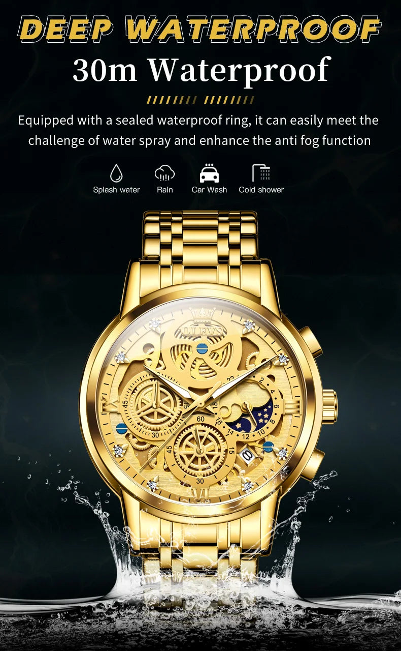 Top Brand Luxury Original Waterproof Quartz Watch for Man Gold Skeleton Style 24 Hour Day Night New