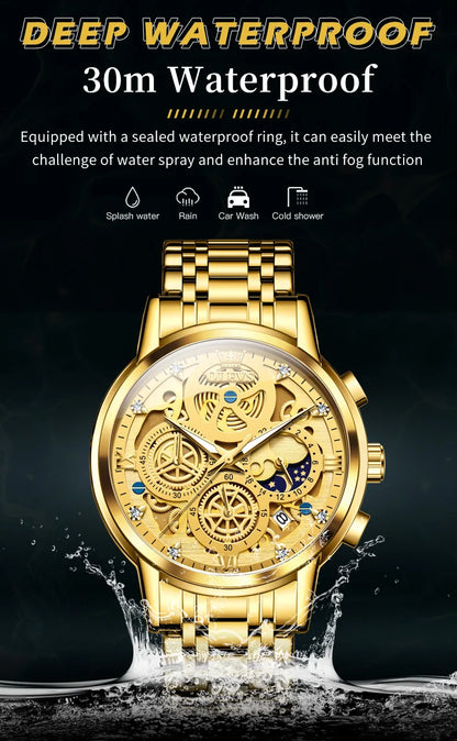 Top Brand Luxury Original Waterproof Quartz Watch for Man Gold Skeleton Style 24 Hour Day Night New