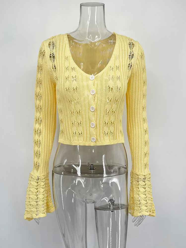 Hollow Knitted Cardigan Women's Solid Long Sleeve V Neck Short Sweater Top Female Crochet Yellow / S White / L White / M Yellow / S-White / L-White / M-White / S-Brown / L-Brown / M-Brown / S-Pink / L-Pink / M-Pink / S-Yellow / L-Yellow / M-Wine Red / L-Wine Red / M-Wine Red / S-Blue / L-Blue / M-Blue / S-