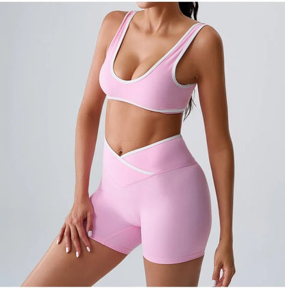 Seamless Yoga Sets Sports Fitness cross waist  Waist Hip-lifting Shorts Bra Suit