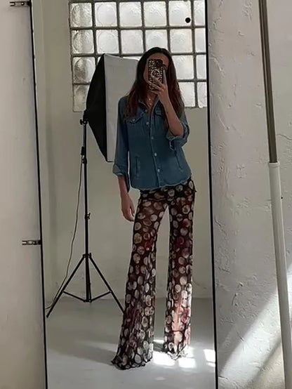 Mesh Leopard Print Trousers High Waist Print Wide Leg Pants Printed