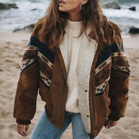 Women's Casual Quilted Jacket Vintage Brown Printing Fashion Long Sleeve Cotton Wadded Coat
