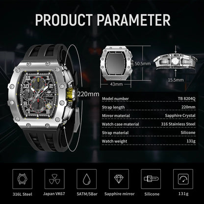 Luxury Brand Tonneau Design Waterproof Clock Stainless Steel Wristwatch Rectangle