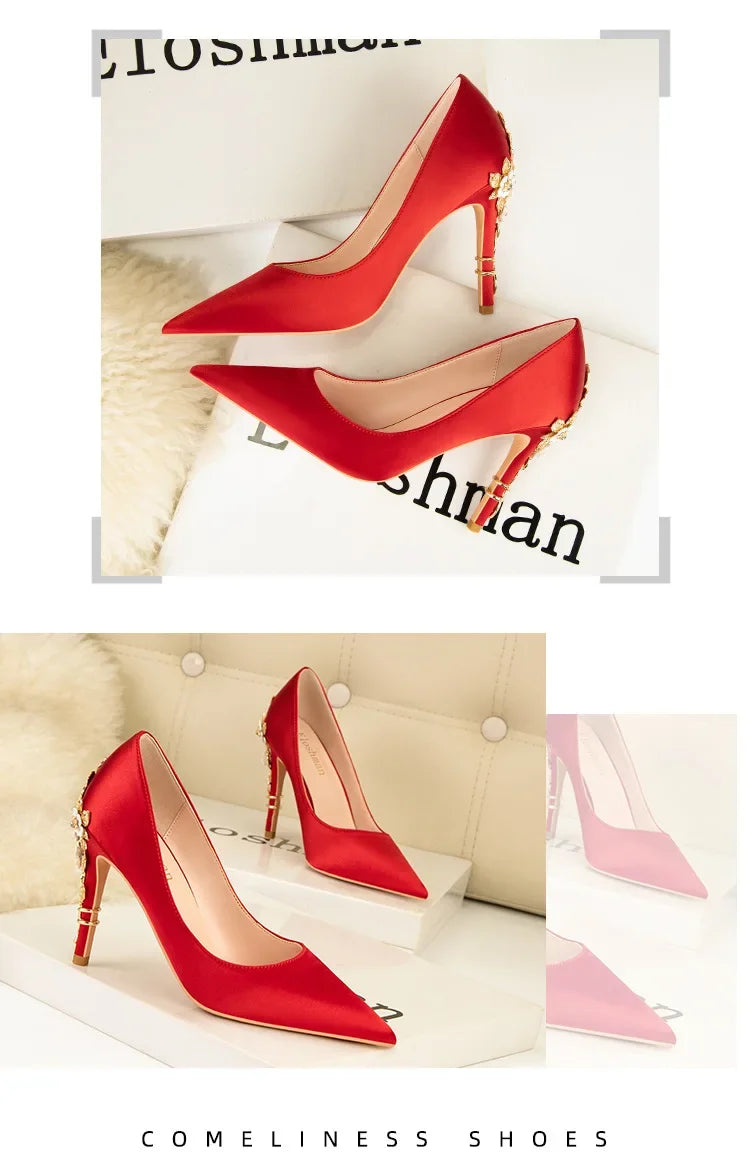 Women's Metal Flowers Stiletto High-heel Shoes Female  Light Luxury Wedding Shoes Pointed Toe