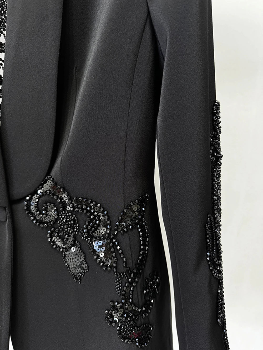 Women's Mesh Splicing Bead Sequin Blazer Wide legs Chiffon Pants Set Suit