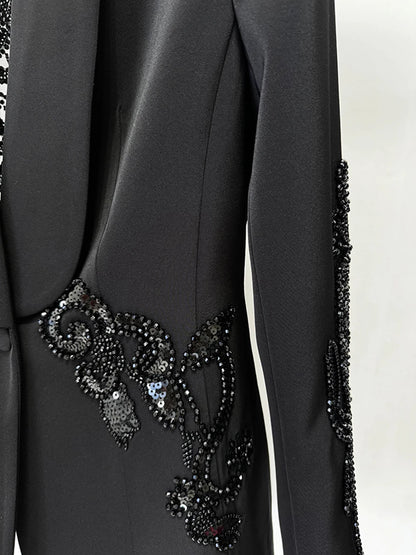 Women's Mesh Splicing Bead Sequin Blazer Wide legs Chiffon Pants Set Suit