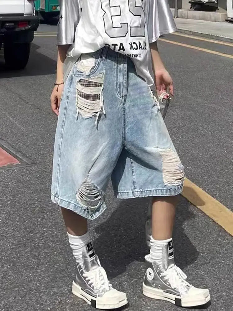 Women's Blue Casual Y2K Harajuku High Street Vintage 2000S Style Wide Leg Denim Shorts Fashionable Streetwear Short Pants 2026