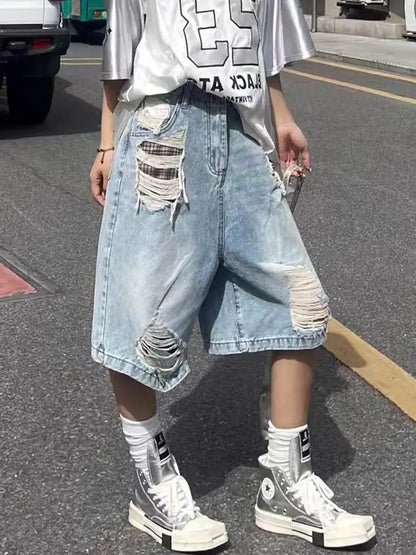 Women's Blue Casual Y2K Harajuku High Street Vintage 2000S Style Wide Leg Denim Shorts Fashionable Streetwear Short Pants 2026