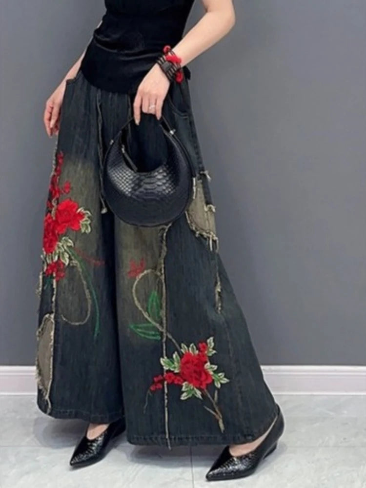 Women's Straight Jeans High-waist Ethnic Style Embroidered Drawstring Oversized Denim Wide-leg Pants