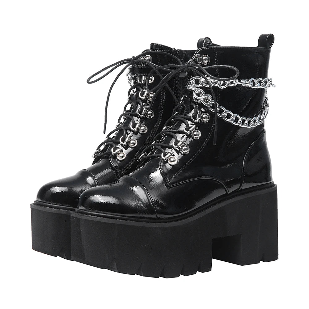 Gothic Black Boots for Women Chain Chunky Heel Platform Ankle Boots Zipper