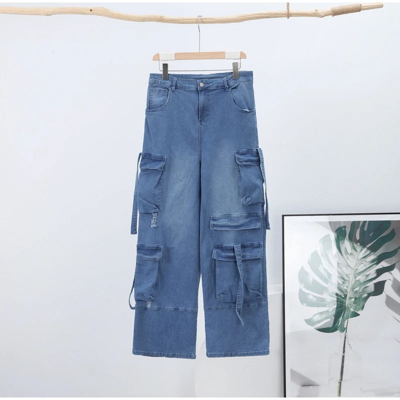 High Waist Cargo Denim Jeans With Full Rhinestones Sparkling Casual Baggy Pants Streetwear Chic Daily Trousers