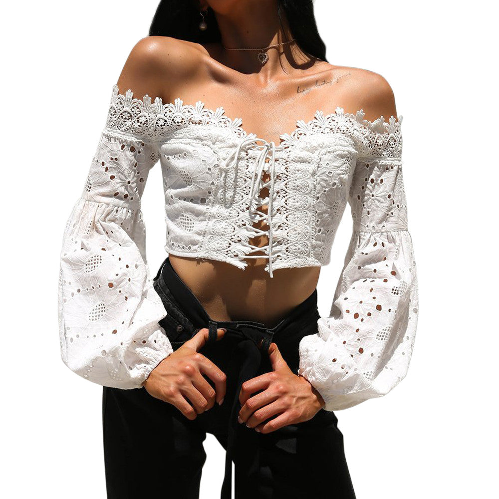 Elegant White Lace Blouse Shirt Cross Bandage Off Shoulder Long Sleeve Hollow Out Ladies Crop Top