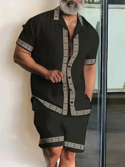 Men's Hawaiian Short-Sleeved Shirt Shorts Set Drawstring Shorts Jungle Print