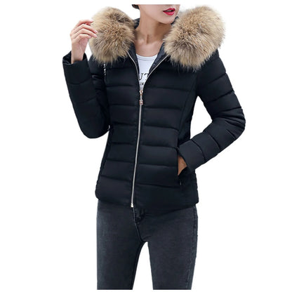 New Autumn Winter Jacket Womens Parkas Fur Collar Hooded Coats Casual Short Jacket Female Slim Cotton Padded Warm Outerwear