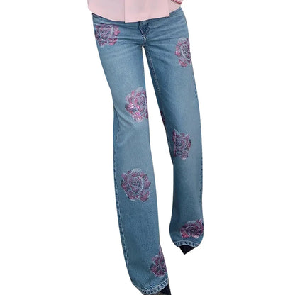 Floral-Shaped Diamond Light Blue Women Flared Denim Jeans High Waist Baggy Dragging Pants Vintage