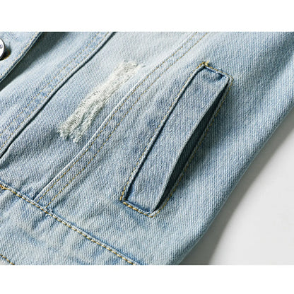 Women Cropped Coats 3/4 Sleeve Retro Short Denim Jackets Light Blue Jeans Coat