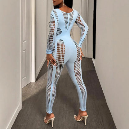 CM.YAYA 2025 O-neck Full Sleeve Women Mesh Hollow Out Jumpsuits Casual Night Club Sexystreet Sexy Perspective Outfits Rompers
