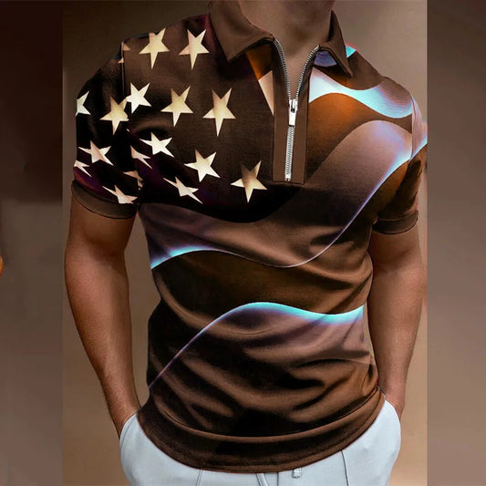 Men's 3D Flag Pattern Printed Short Sleeve POLO Shirt Zipper Men's T-Shirt