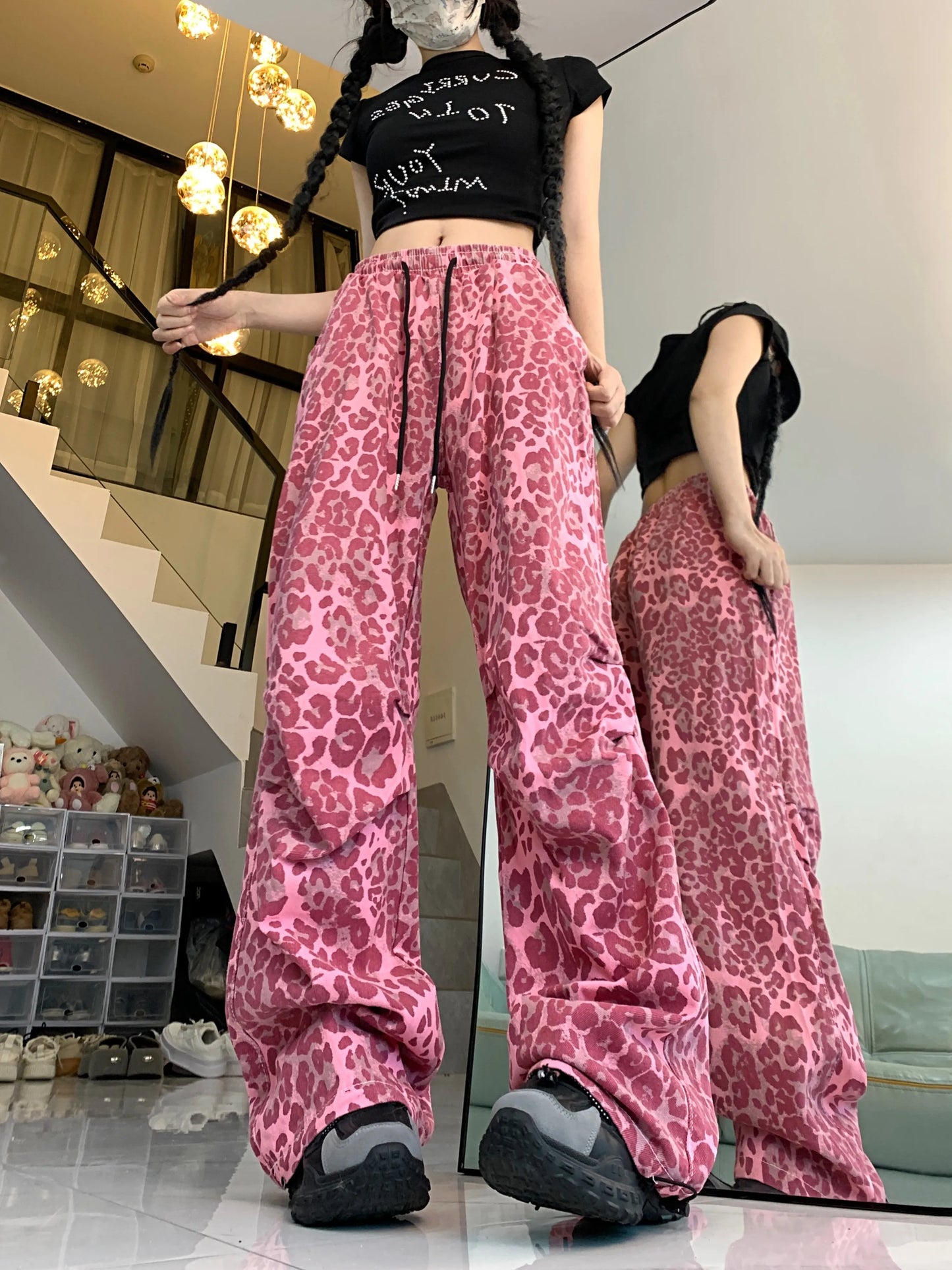 Women's Red Leopard Pants Jogger Harajuku Streetwear Sweatpants Loose Pants Y2k Retro 2000s Aesthetic Vintage Trousers Clothes