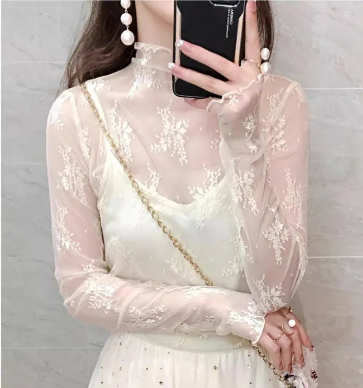 Hollow Out Mesh T-Shirt Transparent Mesh female Tops Long sleeve Basic Shirts SeeThrough Turtleneck