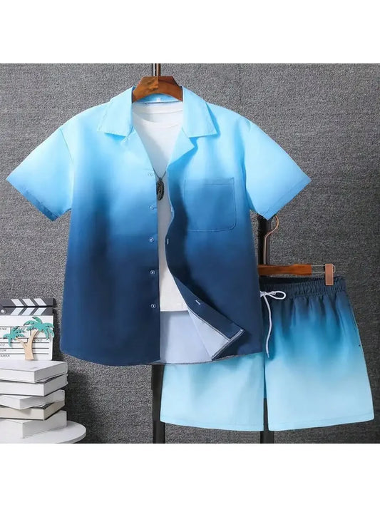 2pcs Men's Casual Summer Outfits, Color Block Short Sleeve T-Shirt & Drawstring Shorts Set