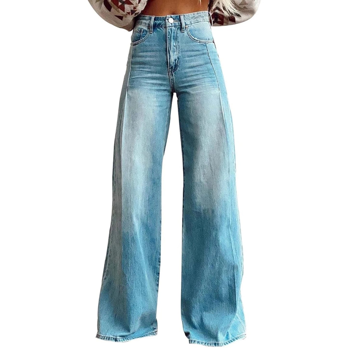 Women's Large Hole Patchwork Jeans High Waist Wide Legs Casual Bottoms Denim