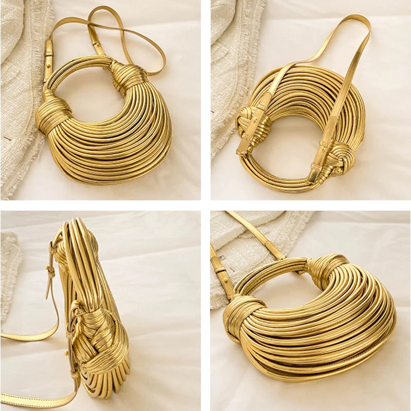 Gold Luxury Designer Brand Handwoven Noodle Bags Rope Knotted Pulled Hobo Silver Evening Clutch Chic