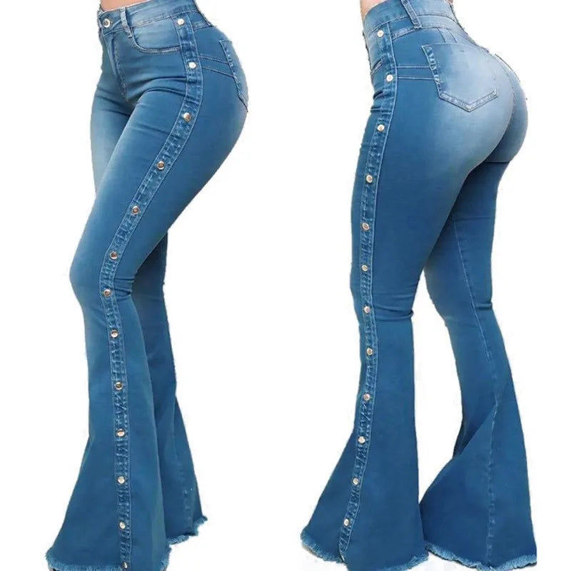 High Waist Strecth Denim Flare Pants Female Floor Length
