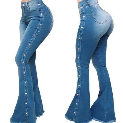 High Waist Strecth Denim Flare Pants Female Floor Length