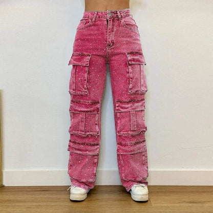 High Waist Cargo Denim Jeans With Full Rhinestones Sparkling Casual Baggy Pants Streetwear Chic Daily Trousers