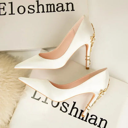 Women's Metal Flowers Stiletto High-heel Shoes Female  Light Luxury Wedding Shoes Pointed Toe
