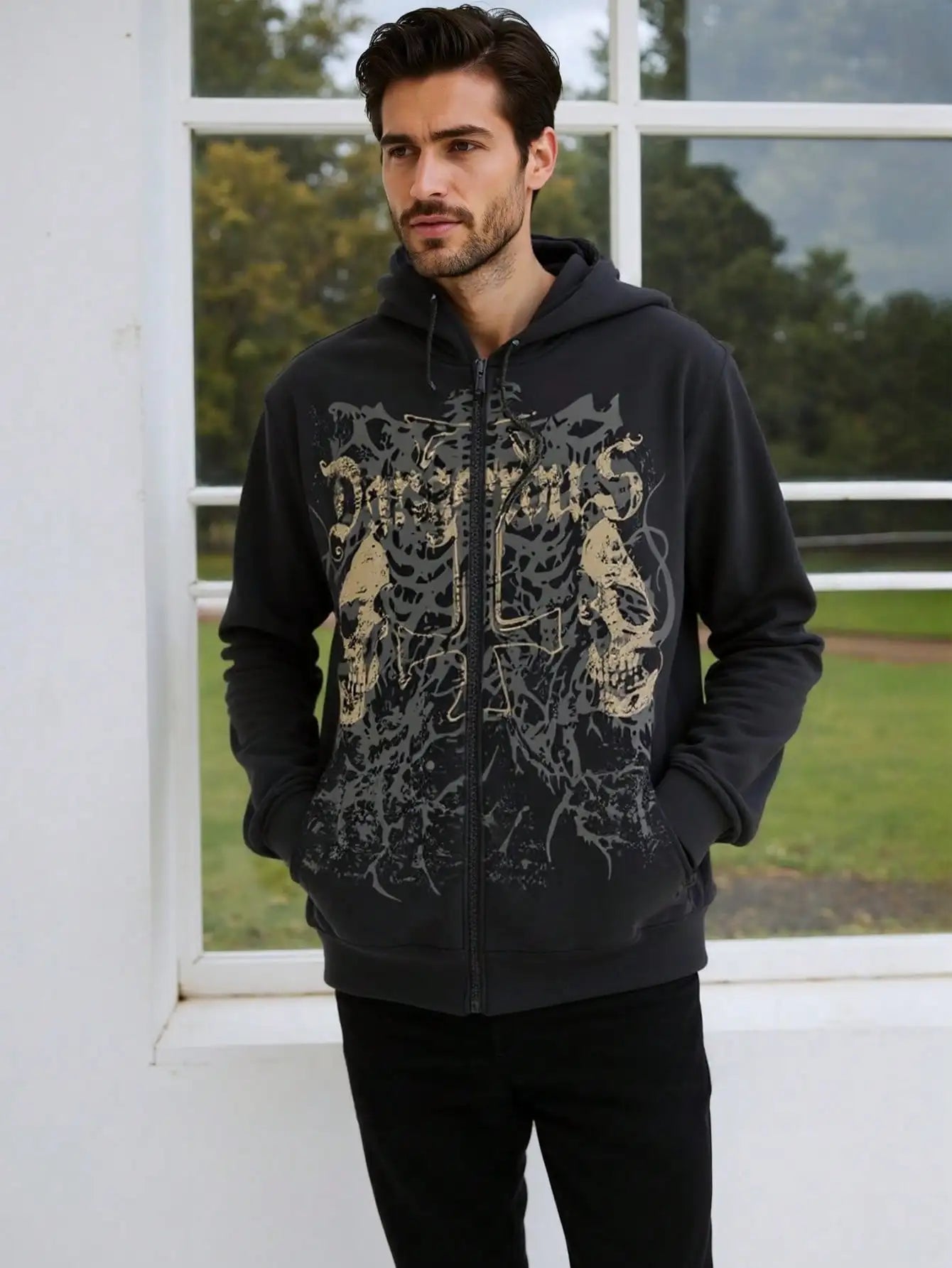 Men's Y2K Goth Skull Letter Graphic Drawstring Hoodie Long Sleeve Zip Up Sweatshirt
