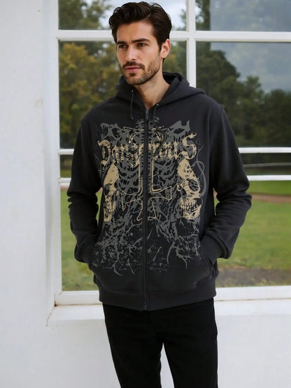 Men's Y2K Goth Skull Letter Graphic Drawstring Hoodie Long Sleeve Zip Up Sweatshirt