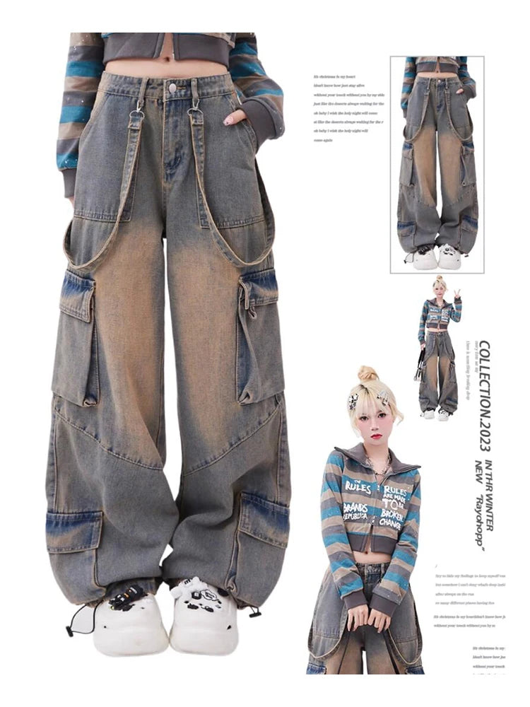 Women Blue Oversize Cargo Jeans Harajuku Vintage Baggy Y2k Denim Trouser 90s Aesthetic Wide Jean Pants 2000s Trashy Clothes 2024