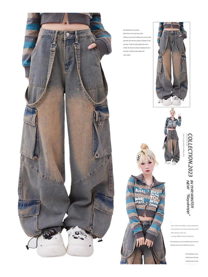 Women Blue Oversize Cargo Jeans Harajuku Vintage Baggy Y2k Denim Trouser 90s Aesthetic Wide Jean Pants 2000s Trashy Clothes 2024
