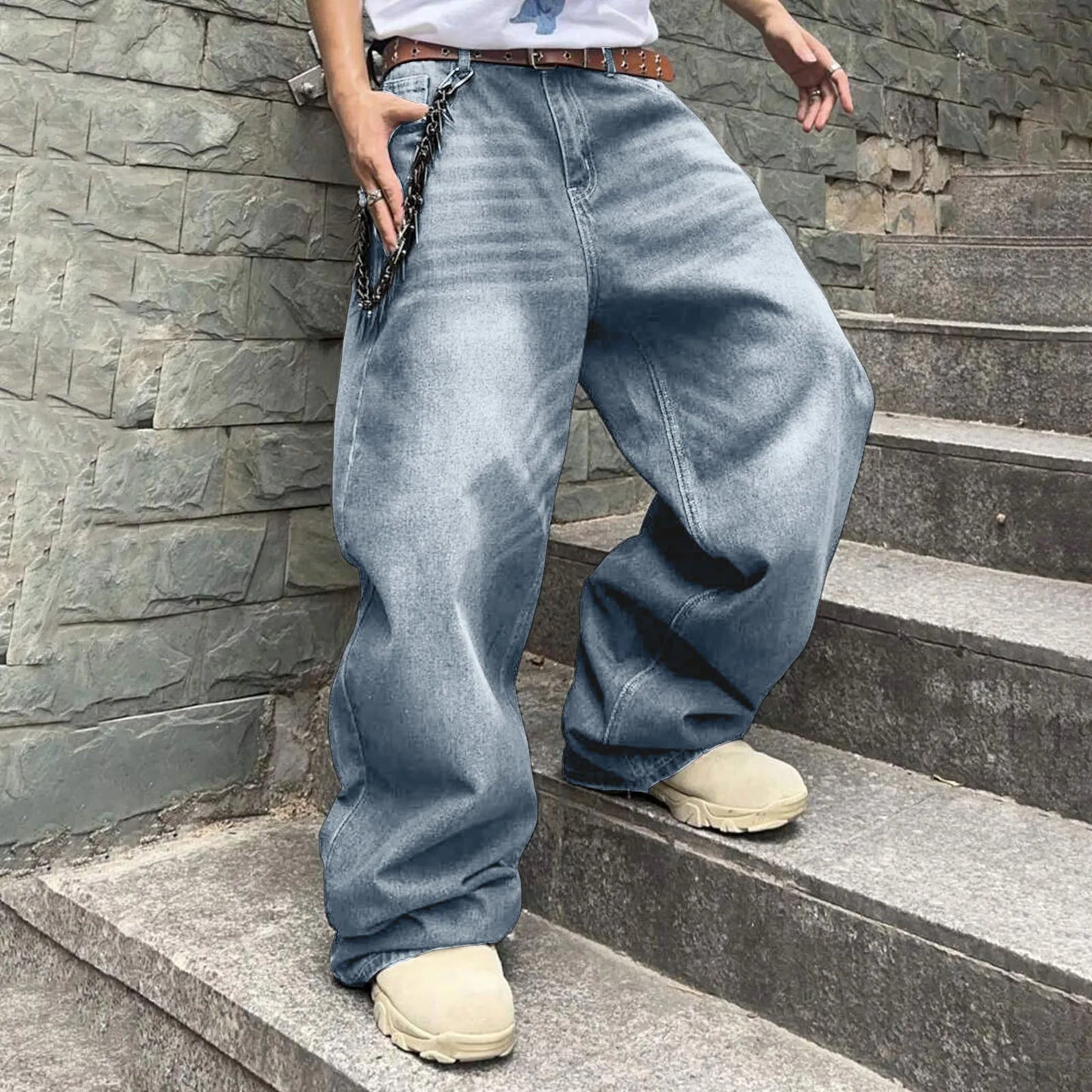 Men Baggy Denim Pants Wide Leg High Waist Loose Plus Size Stylish Streetwear Men's Hip Hop