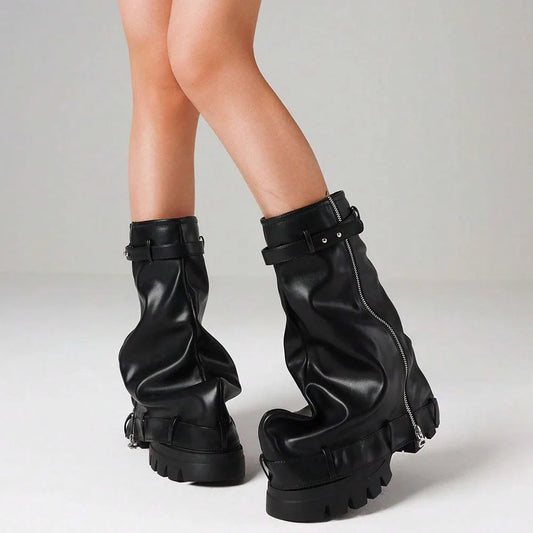 Fold Over Boots Chunky High Heels Mid Calf Platform Punk Gothic Metallic