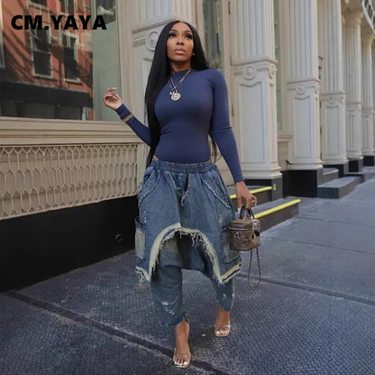 Women Streetwear Ripped Out Hole Denim Pants Loose Safari Style Cargo Harem