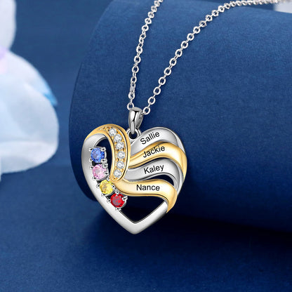 Personalized Love Heart Pendants Necklace 1-5 Kids Names Birthstone Mothers Day