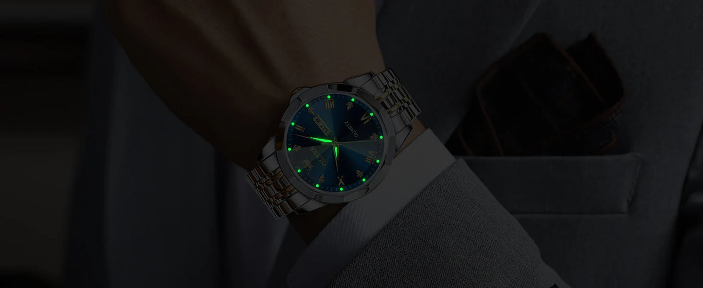 Gold Original Quartz Wristwatch Waterproof Luminous Watch for Male Rhombus Mirror Date Week