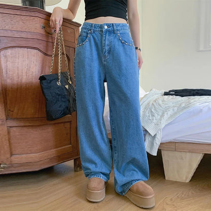 Metal Rivet Wide Leg Jeans Trousers Baggy Low Rise Pockets Denim