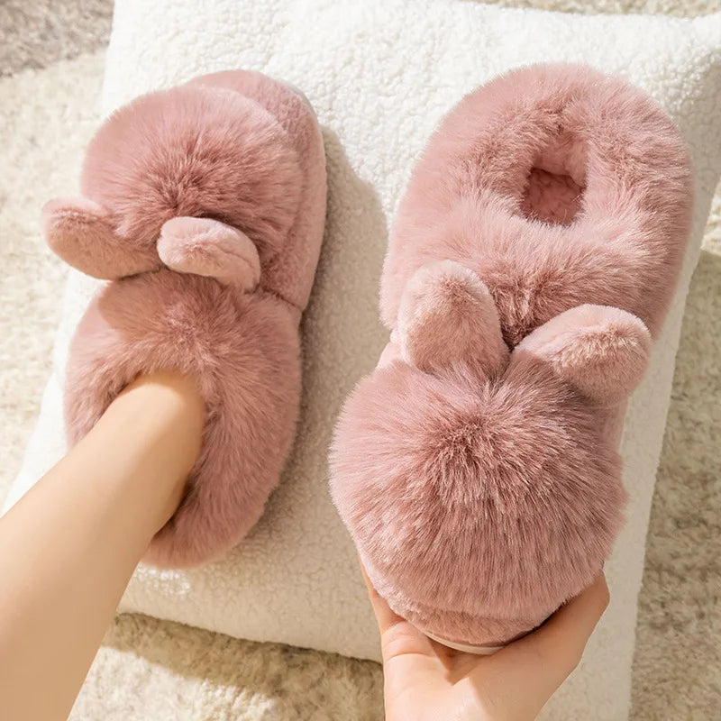 Fluffy Snow Boots Winter Warm Rabbit Ears Thick Bottom Cotton Shoes Anti Slip Solid Color - Fashionqueene.com