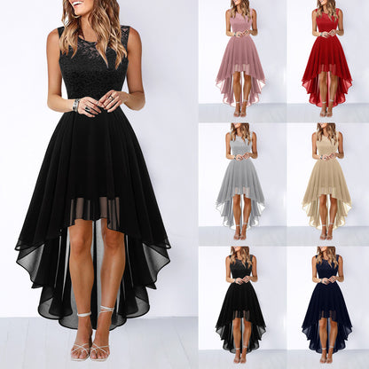 Lace Dress Bow Belt Irregular Length  Wedding Guest Sleeveless Bridesmaid Cocktail Party