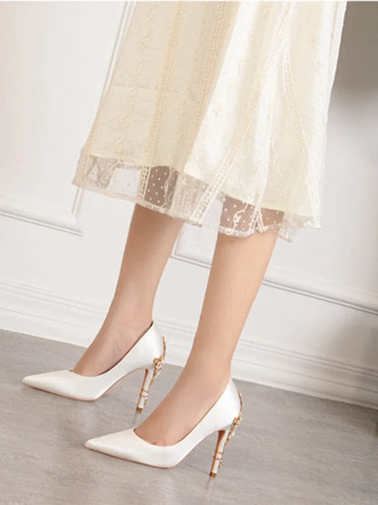 Women's Metal Flowers Stiletto High-heel Shoes Female  Light Luxury Wedding Shoes Pointed Toe