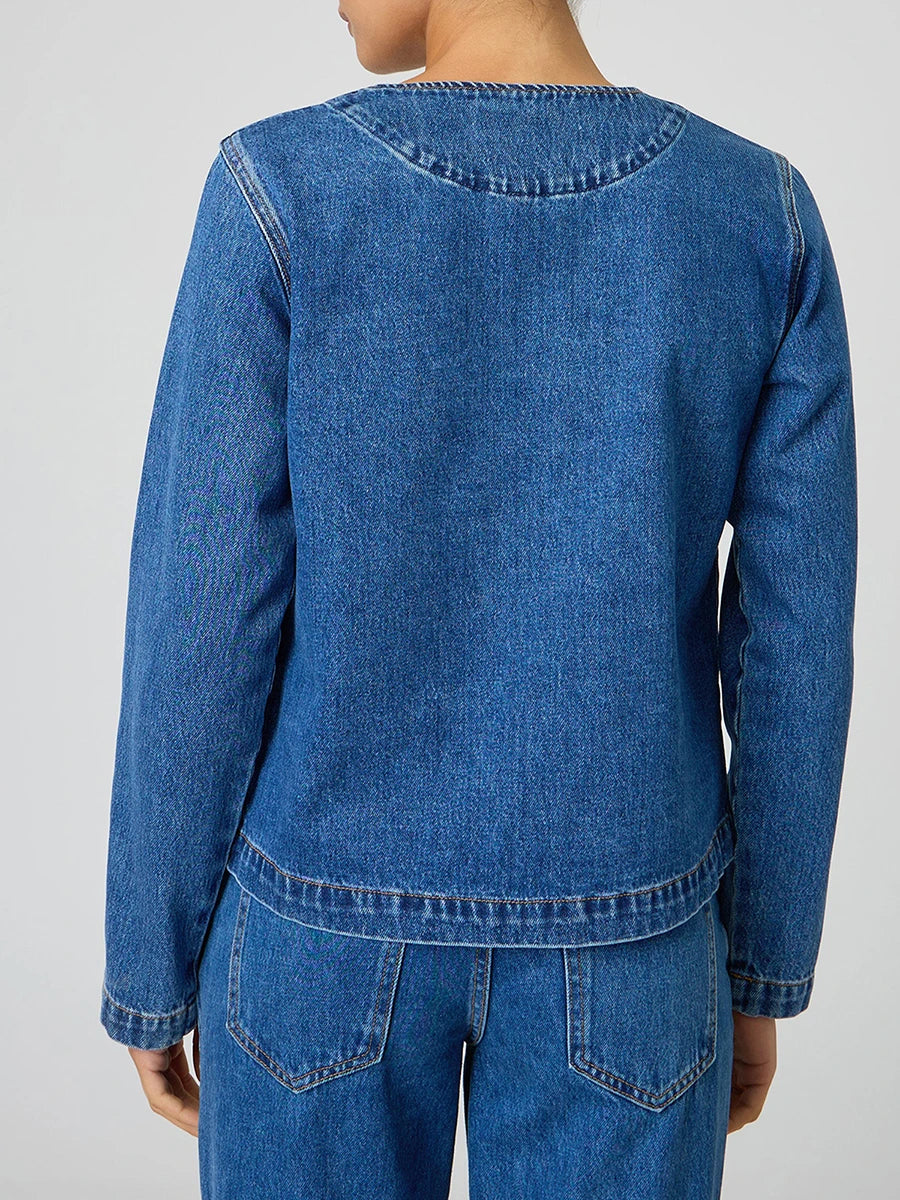 Ladies Classic Blue Denim Jacket with Round Neckline Long Sleeves and  Fit Button Down
